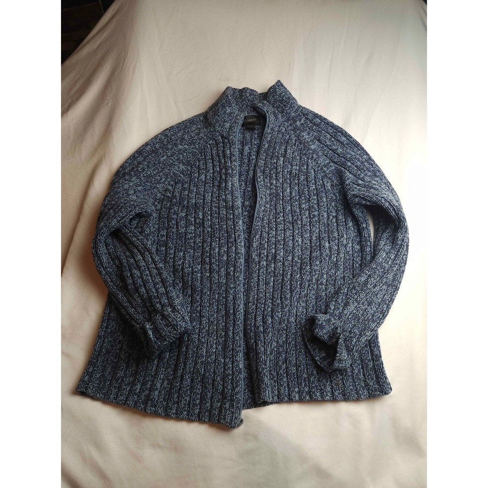 Express Mens Blue Marled Ribbed Full Zip Mock Neck Cardigan Sweater Large